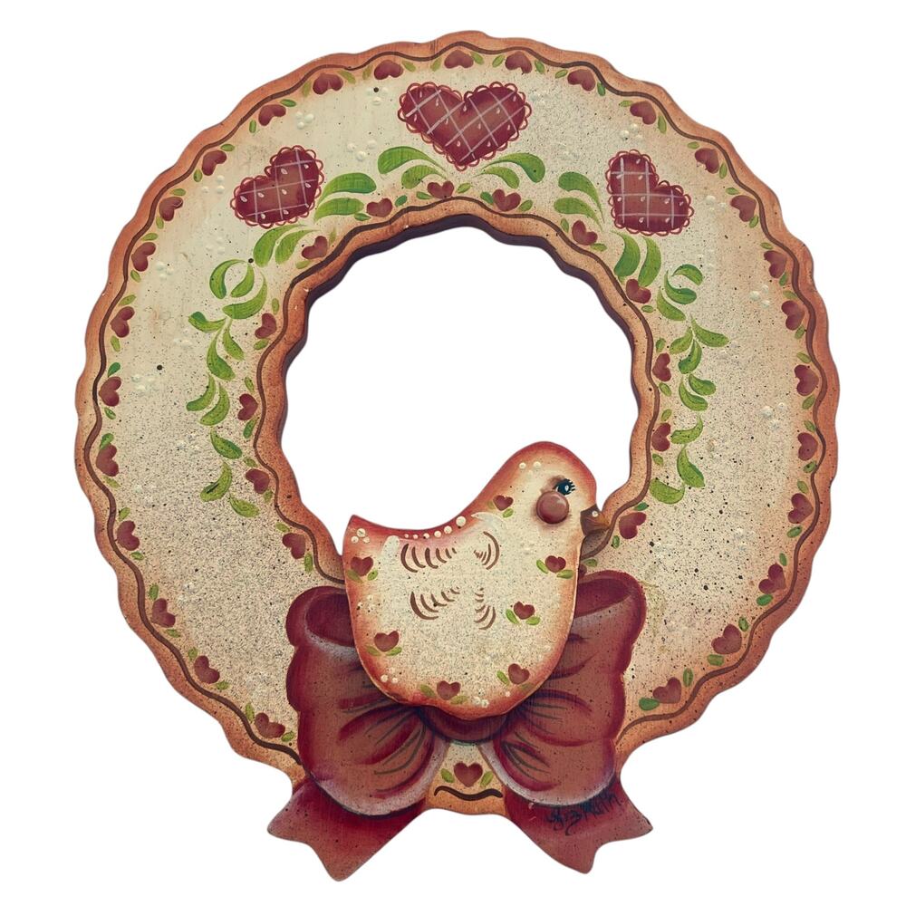 Vintage Folk Art Chicken Wreath Wall Hanging Heart Country Decor Signed